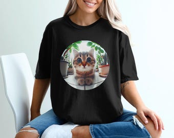 T-shirt chat mignon, t-shirt chaton grands yeux, cadeau adorable pour amoureux des animaux de compagnie, chemise animal rigolote, art unique de chat, tenues décontractées, t-shirt tendance, unisexe