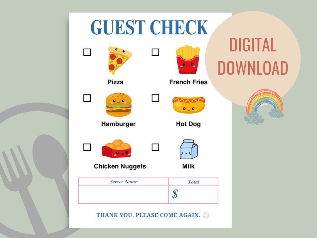 Kids Printable Restaurant Menu Check W/ Pictures - Pretend Play ...