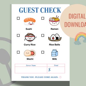 Dziecięce wydrukowane menu restauracji z obrazkami - zabawa w udawanie (japońskie jedzenie)
