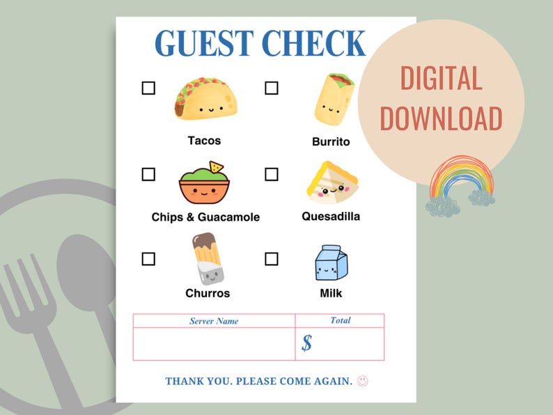 Kids Printable Restaurant Menu Check W/ Pictures - Pretend Play ...