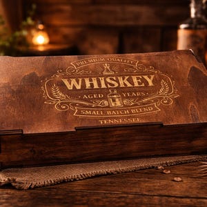 Könnte beinhalten: Eine Holzbox für Whiskey mit dem Wort "Whiskey" in goldfarbenen Buchstaben. Die Box ist gealtert und hat eine kleine Chargenmischung aus Tennessee. Die Box steht auf einer Holzoberfläche mit einem Glas Whiskey und einer Flasche im Hintergrund.