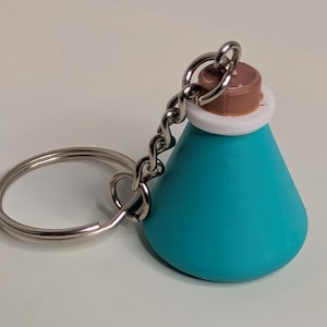 May include: A keychain featuring a conical, teal-colored object with a white ring at the top and a brown, textured cap. The object is attached to a silver-toned metal split ring by a short, silver-toned metal chain link connector.