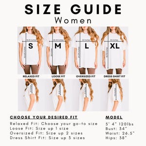 May include: Women's t-shirt size guide showing four models in white shirts with Relaxed, Loose, Oversized, and Dress Shirt fits. Measurements are in inches, with bust at 86cm, waist at 67cm, and hips at 96.5cm. Includes model's height and weight.