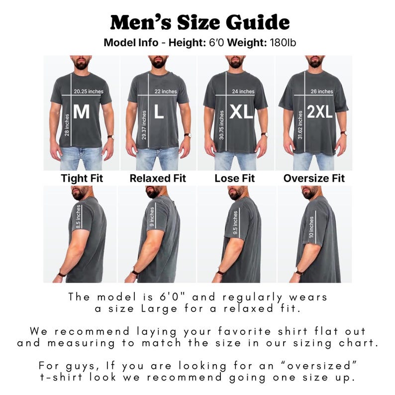 Puede incluir: Una gu&iacute;a de tallas de camisetas con medidas en pulgadas. La gu&iacute;a muestra diferentes ajustes: ajustado, relajado, suelto y de gran tama&ntilde;o. El modelo mide 1,83 m y pesa 81,6 kg. El texto recomienda medir una camiseta favorita para que coincida con la tabla de tallas.