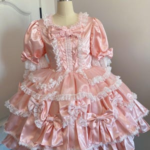 Handmade Custom Sissy Princess Dress – White Pink Satin with Purple Polka Dot Bows, Puffy Sleeves, Layered Ruffles – Sweet J 2
