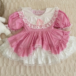 Pink Ruffle ABDL Dress with White Lace Trim – Vintage Style Puff Sleeve Baby Doll Dress
