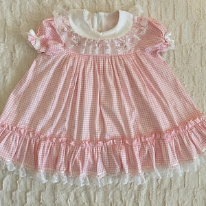Vintage-Inspired Pink ABDL Baby Dress – Lace Details, Rosebuds, Ruffles