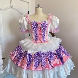 Handmade Custom Sissy Princess Dress – White Pink Satin with Purple Polka Dot Bows, Puffy Sleeves, Layered Ruffles – Sweet J 1