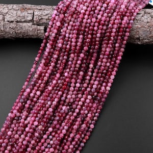 Genuine Pink Rubellite Gemstone Round Micro Faceted Beads | Size Available 2mm 3mm 4mm | Sold by Strand 15.5&quot; | For Making Jewelry