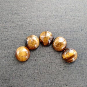 May include: Five polished tiger's eye gemstones arranged in a semi-circle. The stones display a warm, golden-brown color with distinctive bands and patterns. The gemstones are smooth and rounded, with a glossy finish.