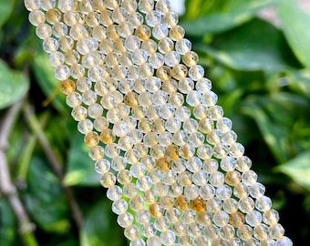 Cuentas microfacetadas redondas de piedra preciosa citrina genuina. Tamaños disponibles: 2 mm, 3 mm y 4 mm. Se venden por tira de 15,5 pulgadas. Para hacer joyas.