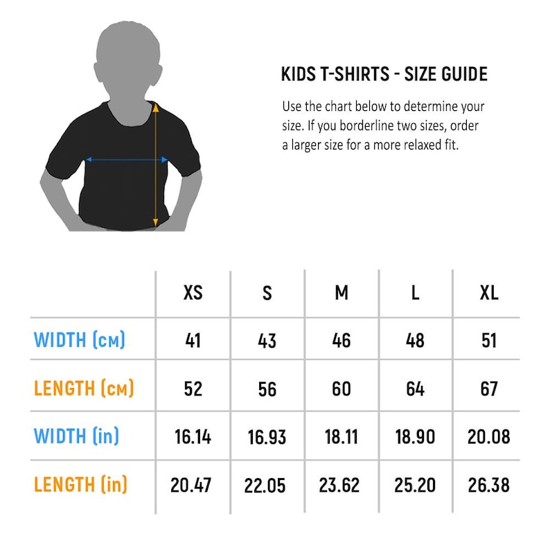 以下が含まれることがあります： 子供用Tシャツのサイズガイド。センチメートルとインチの測定値が記載されています。XSからXLまでのサイズがあり、幅と長さの寸法が示されています。ガイドには子供のシルエットとサイズの選び方の説明が含まれています。