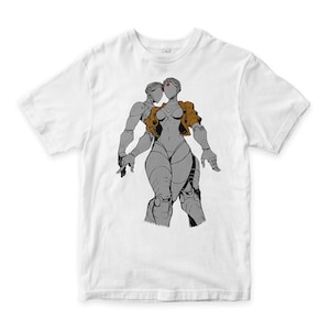 Könnte beinhalten: Weißes T-Shirt mit einer grafischen Illustration von zwei Roboterfiguren in Grau und Braun, die sich umarmen. Eine Figur trägt eine braune Jacke. Die Figuren haben rote Akzente auf ihren Gesichtern. Das Design ist eine grafische Illustration.