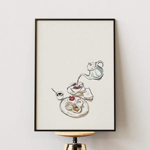Peut inclure: Une impression d'art murale encadrée présentant un dessin au trait minimaliste d'une théière versant du thé dans une tasse, accompagnée d'une petite assiette de pâtisseries assorties et d'un petit récipient avec une cuillère, aux tons sourds.