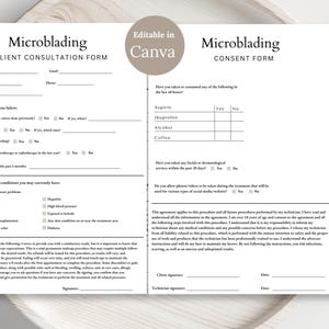 May include: A black and white client consultation and consent form for microblading services. The form includes questions about medical history, medications, and allergies. It also includes a consent form for the procedure, which includes information about the risks and benefits of the procedure.