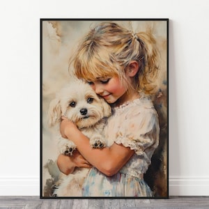 ヴィンテージの少女と犬の絵画 | デジタルダウンロードアート