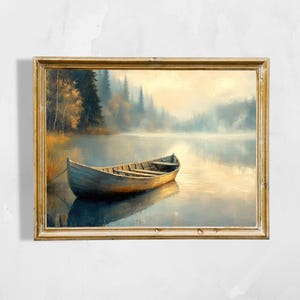 Serene Lake Landscape Wall Art | Misty Lake at Dawn with Rustic Boat | Digital Download