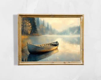 Serene See Landschaft Wandkunst | Nebliger See in der Morgendämmerung mit rustikalem Boot | Digitaler Download