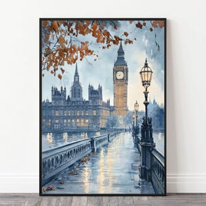 London Big Ben Art Print, Big Ben Travel Poster, London in Winter Watercolor Painting, Digital Download