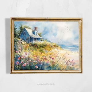 Cape Cod Seaside Watercolor Art Print | Beach House Wall Decor | Wildflowers Art | Seaside Poster | Coastal Landscape Download