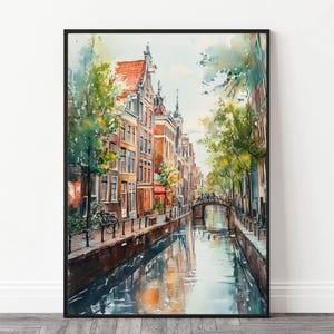 Amsterdam Canal Houses Watercolor Art Print | Amsterdam Travel Poster | Autumn Wall Decor | Amsterdam Canal Travel Print | Digital Download