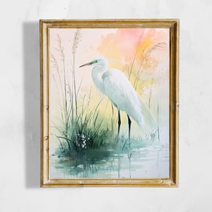 Great White Egret Watercolor Print | White Heron in Marshland | Serene Summer Shore Bird Art | Digital Download