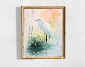 Aquarel print grote zilverreiger | Witte reiger in moerasland | Serene zomerkustvogelkunst | Digitale download