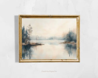 霧の湖の水彩画：オリジナルの秋の風景画（8 x 6インチ） - Etsy 日本