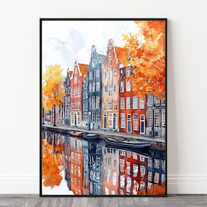 Amsterdam Canal Watercolor Art Print | Amsterdam Print Wall Art | Travel Poster Amsterdam Street Scene | Digital Print
