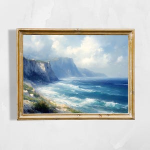 Dramatic Coastal Cliffs and Stormy Seas Landscape | Impressionist Seascape Art Print | Digital Download