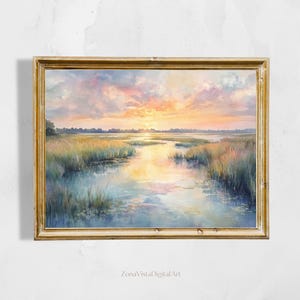 Impression d&#39;art aquarelle de zones humides d&#39;été | Paysage pastel au coucher du soleil du marais | Art mural marais côtier | Téléchargement numérique