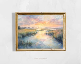 Summer Wetlands Watercolor Art Print | Pastel Marsh Sunset Landscape | Coastal Marsh Wall Art | Digital Download