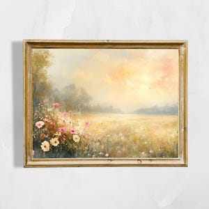 Rustic Wildflower Meadow Printable Art | Neutral Country Landscape Wall Decor | Calm and Tranquil Farmhouse Style | Digital Download