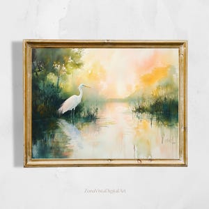 White Heron in Marsh at Sunset | Impressionist Watercolor Coastal Art Print | Digital Download