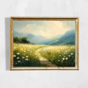 Frühling Wildblumen Wiese druckbare Kunst | Ölgemälde Landschaft | Rustikale Landschaft | Digitaler Download
