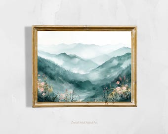 Smoky Mountains Spring Watercolor Landscape Print | Mountain Landscape Digital Art | Great Smoky Mountains Wall Art