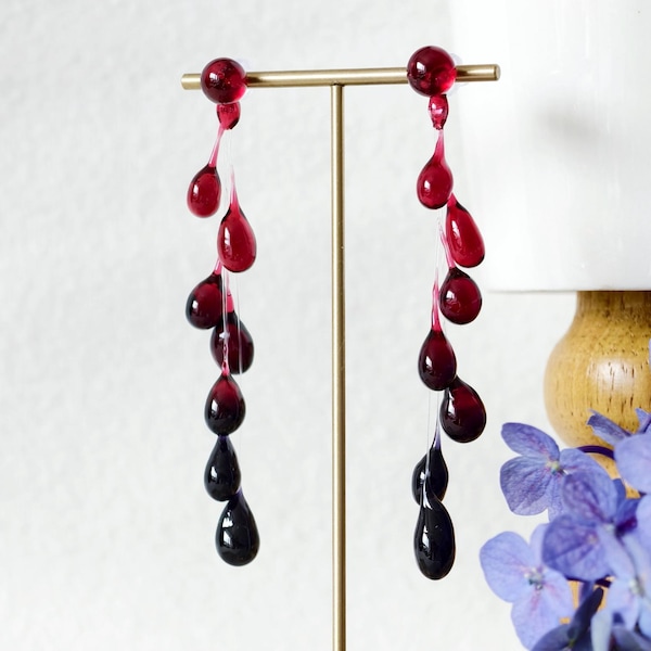 Red Black Dew Rain Tear Drop Earrings, Gothic Vampire Dangle, Halloween Cosplay