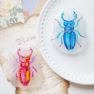 May include: Two decorative resin art pieces featuring insect designs. One is a blue beetle, the other a mix of pink, orange, and yellow. They are displayed on a white plate and vintage paper with musical notes and floral designs.