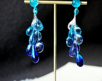 Resin Ocean Raindrop Teardrop Earrings, Dangling Blue Dew Drops