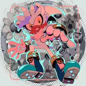 May include: A silver and red cartoon character with spiky hair and a determined expression. The character is wearing blue and gold boots and is standing on a colorful background.