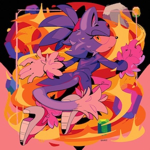 May include: A purple and pink cartoon cat character with a yellow eye and a pink tail, standing in a dynamic pose against a background of orange and yellow flames.