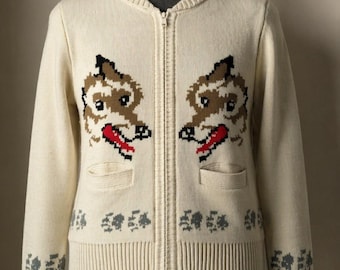 Cárdigan de punto Vintage Wolf – Suéter estilo Cowichan con cremallera, prenda de abrigo de mezcla de lana