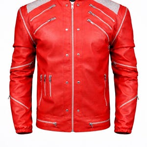 May include: A vibrant red leather jacket with multiple silver zippers and studded shoulder accents. The jacket features a stand-up collar and a tailored fit, offering a bold and stylish look. This jacket is a statement piece.