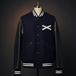 Puede incluir: Chaqueta universitaria azul marino con mangas de cuero negro. La chaqueta presenta un parche "X" blanco, cuello, puños y dobladillo a rayas blancas y negras. Tiene cierre de botones y dos bolsillos delanteros.