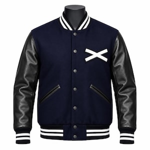 Men's Navy Blue Varsity Jacket, Black Leather Sleeves, Striped Trim, Snap Button Letterman Style