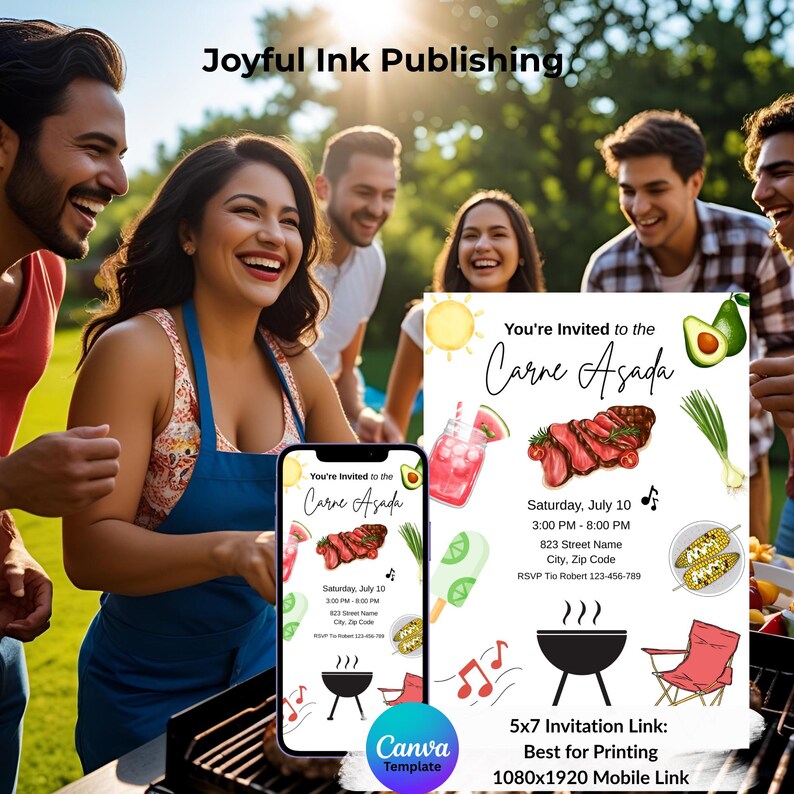 May include: A group of people smiling around a barbecue grill. The image includes a smartphone and a printed invitation for a "Carne Asada" event. The invitation features illustrations of food and the event details.