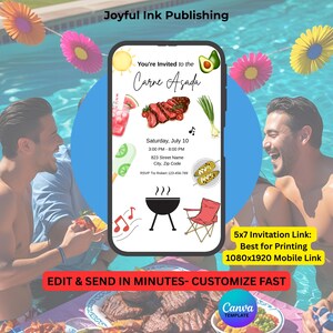May include: A smartphone displays a "Carne Asada" invitation with illustrations of food and a grill. The invitation includes event details and the text "EDIT & SEND IN MINUTES- CUSTOMIZE FAST". The background features people near a pool and decorative flowers.