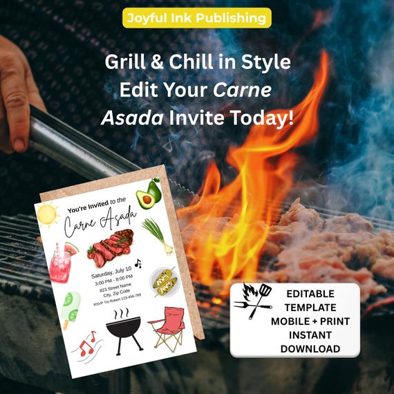 Carne Asada Fiesta Invitation: BBQ Party, Mobile & Print (Canva Template, Digital Download)