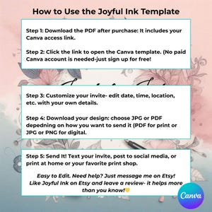 May include: A graphic with instructions on how to use the Joyful Ink template. The steps include downloading a PDF, opening a Canva template, customizing details, downloading the design, and sending it. The image also includes the Canva logo.