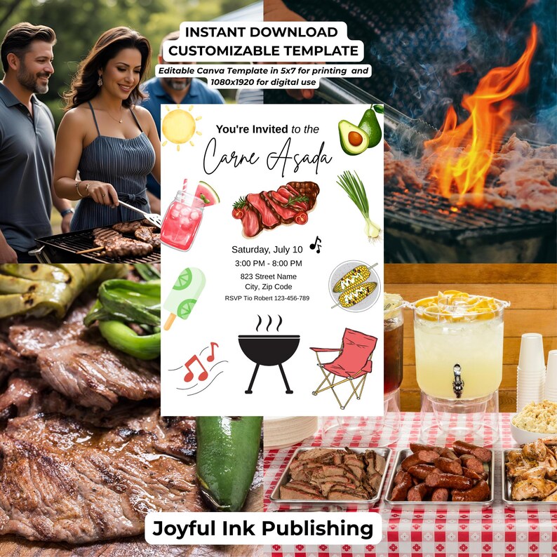 May include: A digital invitation template for a Carne Asada, featuring illustrations of grilled food, drinks, and a barbecue grill. The text reads "You're Invited to the Carne Asada" with event details. Includes the text "Instant Download Customizable Template".